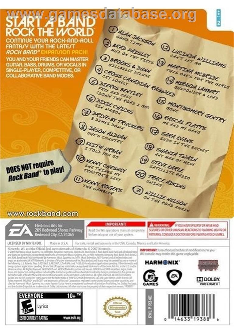 Rock Band - Country Track Pack - Nintendo Wii - Artwork - Box Back